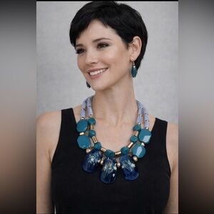 Teal&Goldtone Necklace& Drop Earrings Set.